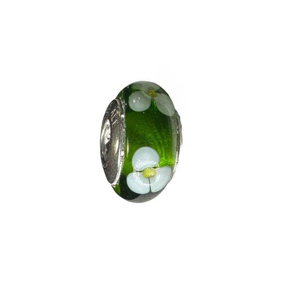 Pandora White Flowers Green Murano Glass Authentic Bead Charm - Picture 2 of 6